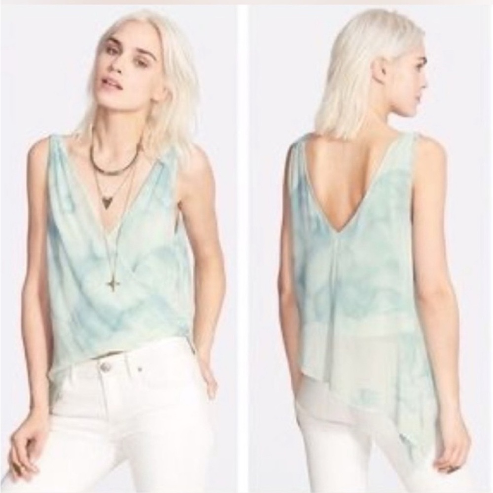 Free People Sleeveless V-Neck Ocean Cami Tie-Dye Tank Top - Mint Blue